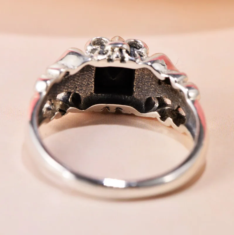 
Small black silver s925 sterling silver retro European crusader flower obsidian opening for men and women fashion trend ring 