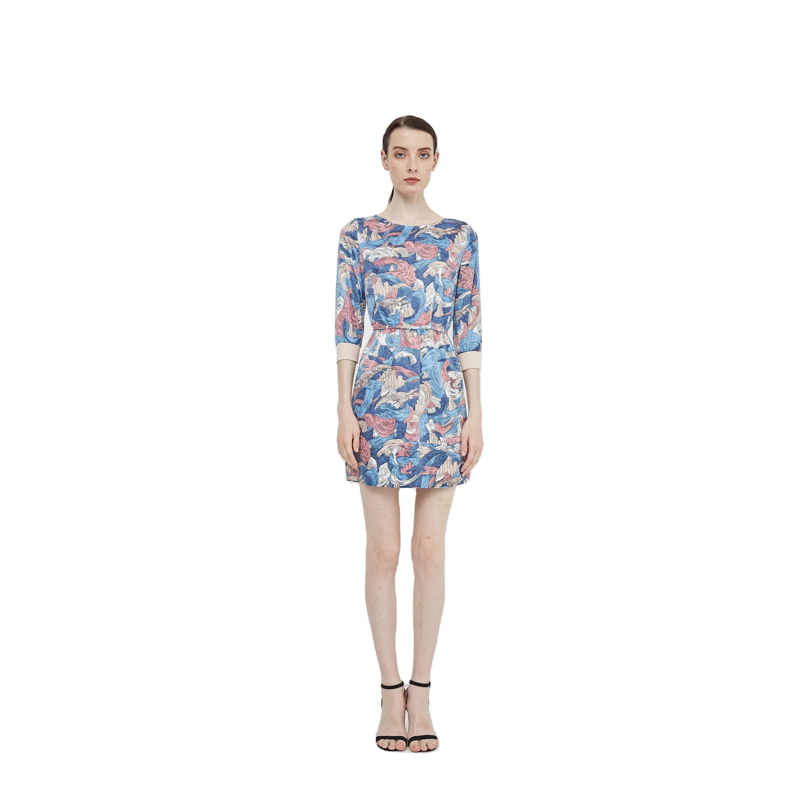 High quality crocodile print stretch waist rib-knit cuff with zipper 3/4 long sleeves silk woven dresses