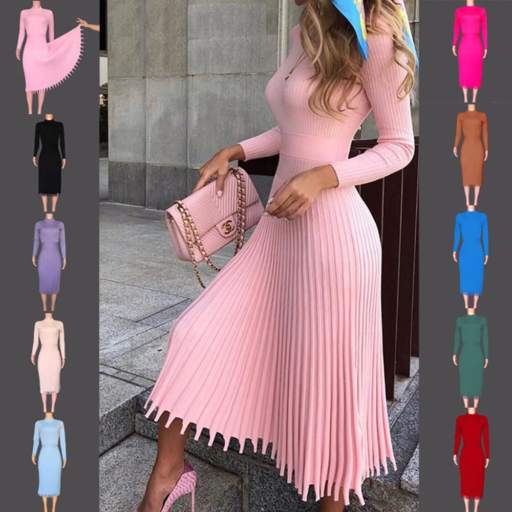 
2020 Knitted Dress for women O Neck Long Sleeve Elegant Bodycon Dress Pleated Autumn Winter Sexy Dress 