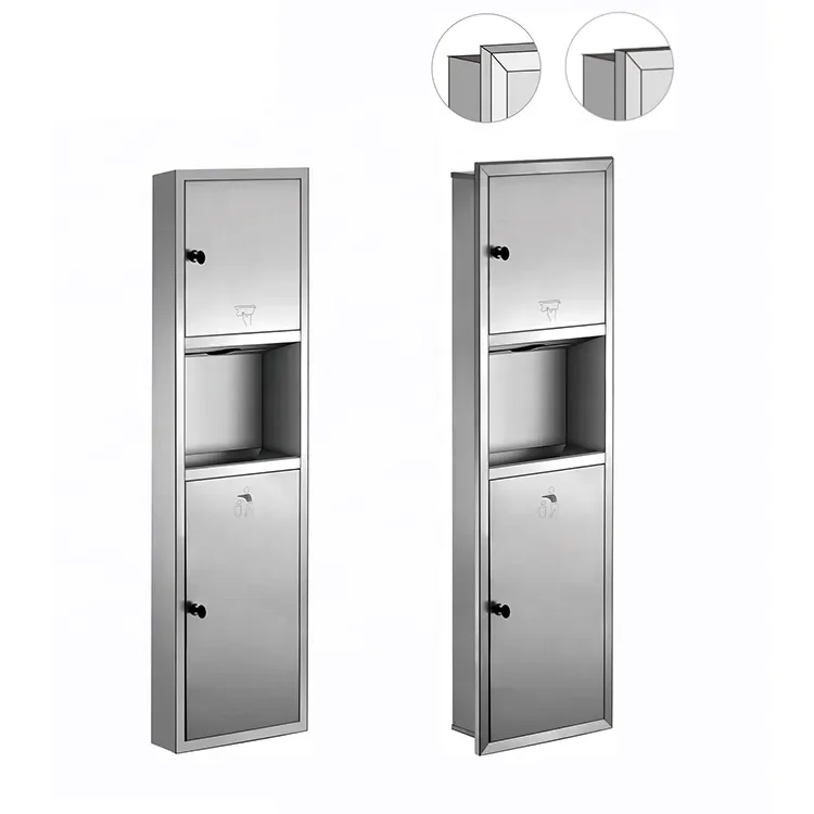 Commercial SUS304 stainless steel recessed wall mount combination waste bin and toilet hand paper towel dispenser