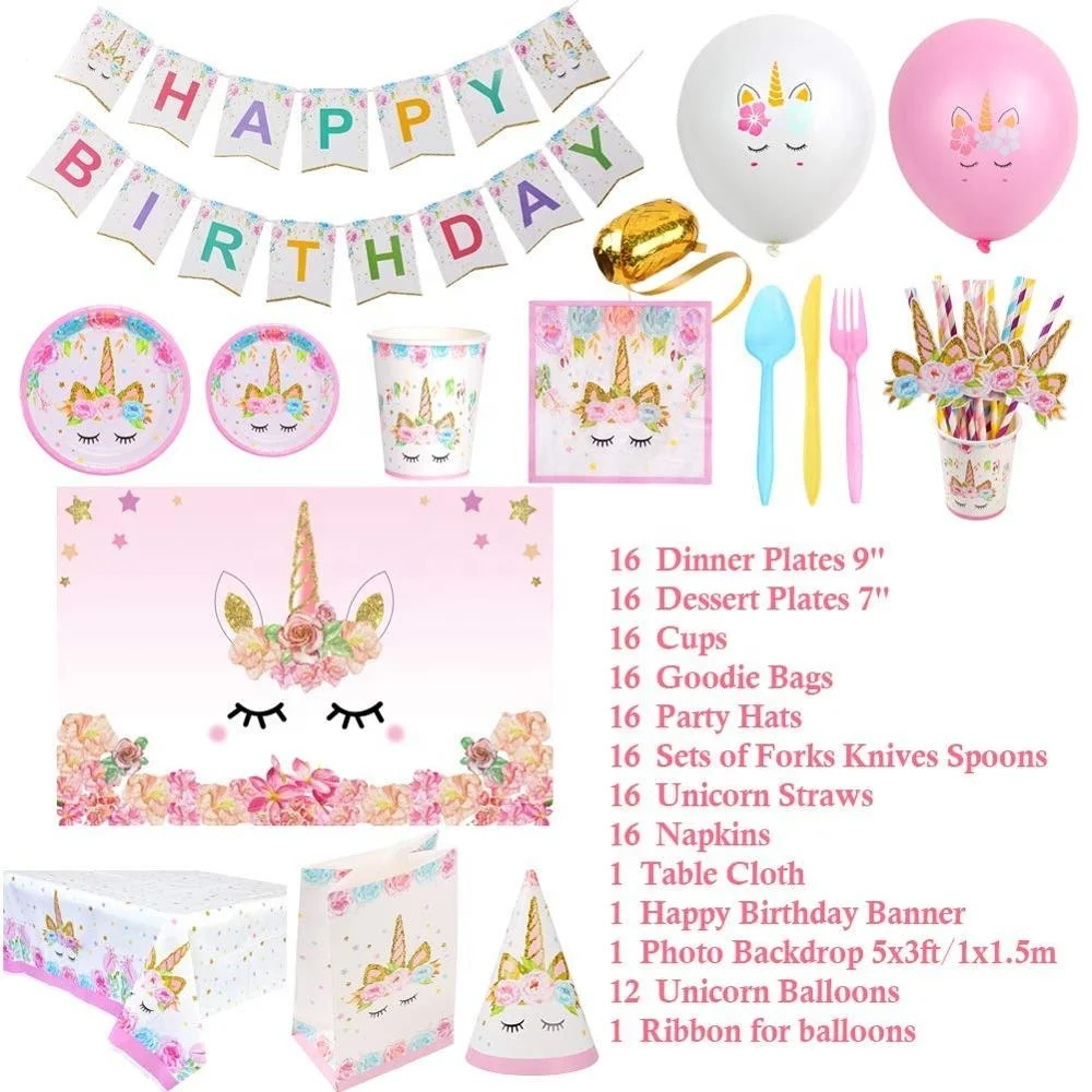 144 Pcs Luxury Unicorn Party Serve 16 Banner / Backdrop / Balloons / Hats/ Plates /Table Cloth Wedding Birthday Supplies