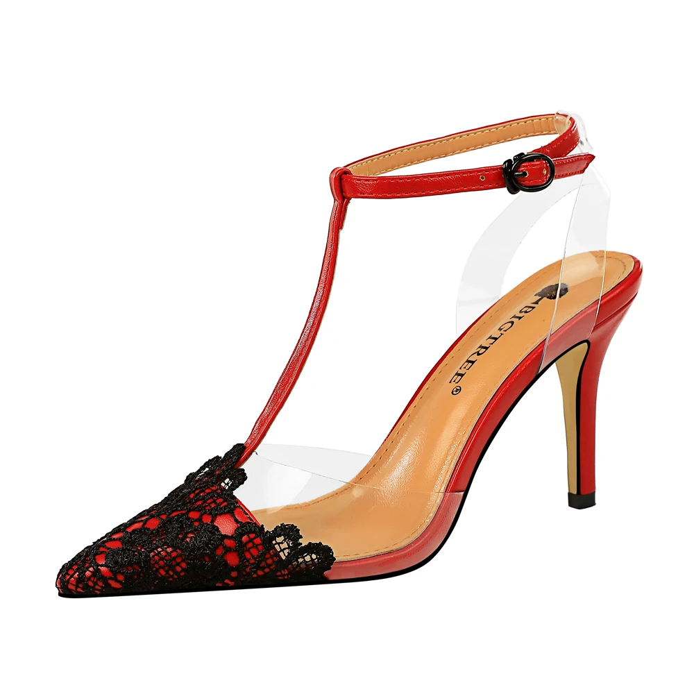 968-1 корейские модные вечерние прозрачные женские туфли босоножки на высоких шпильках кружевные сандалии с Т-образным ремешком на высоких каблуках
