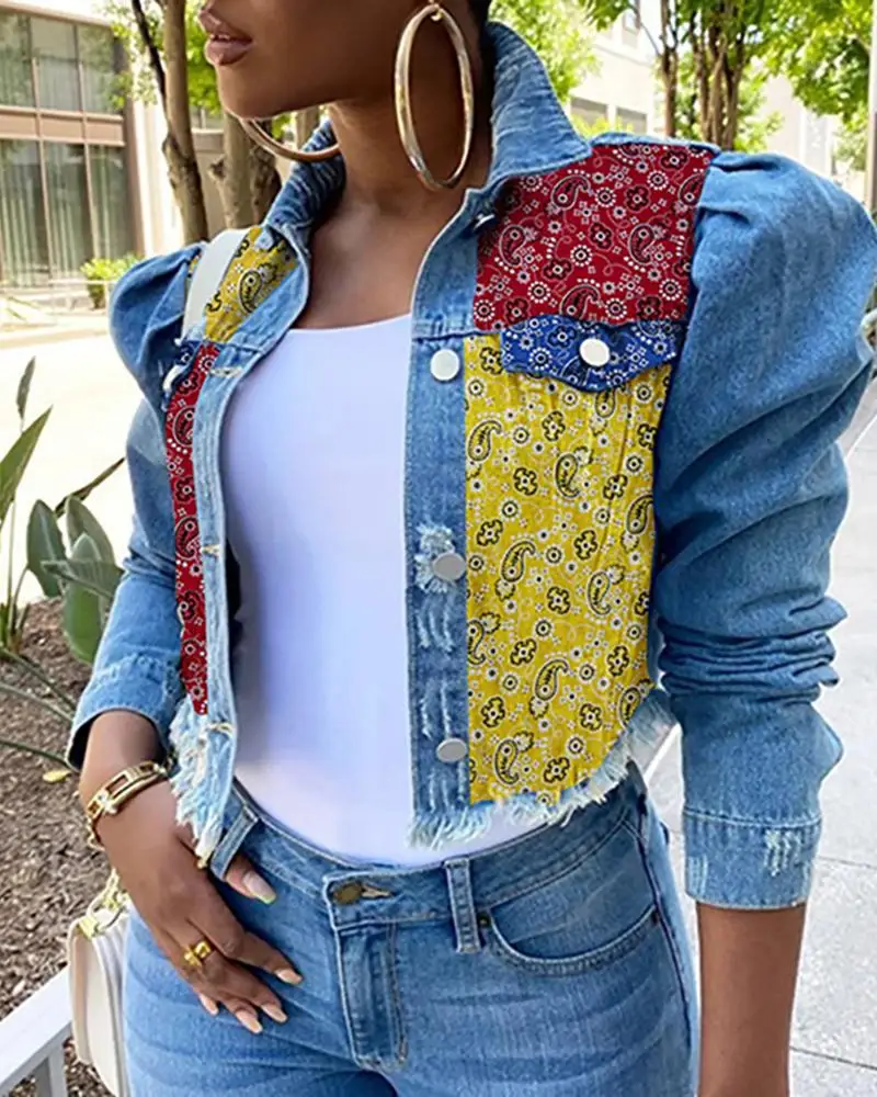 New Arrival Trendy women Coat Long Sleeve Denim Jackets coat Bandana Crop Jeans Jacket for Ladies