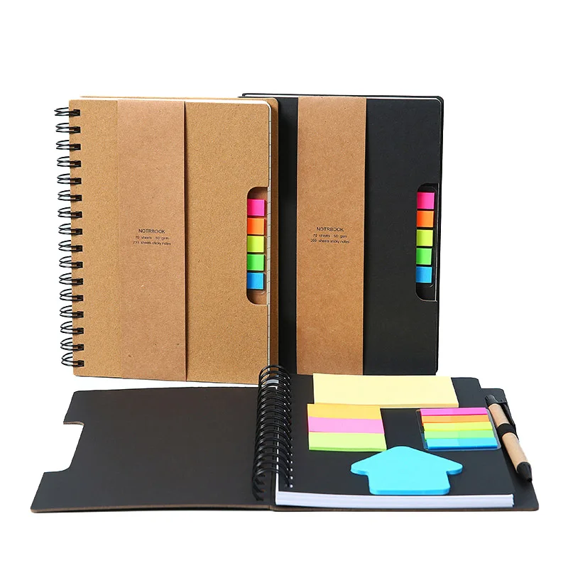 Wholesale Custom School stationary Kraft paper cover sticker book reusable pocket Spiral legal sticky memo notepads with logo