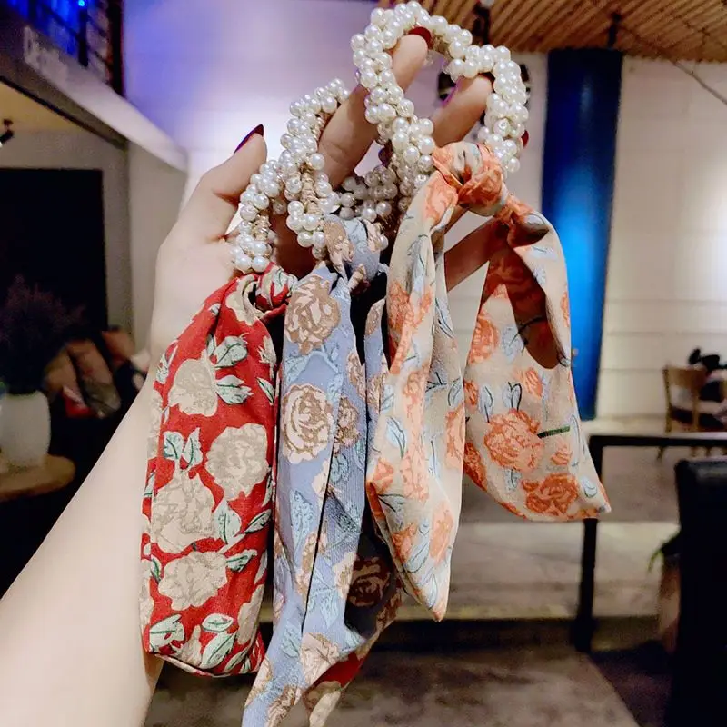 High quality Floral ribbon bowknot hair band Simple tie ponytail string retro pearl hair tie delicate for women