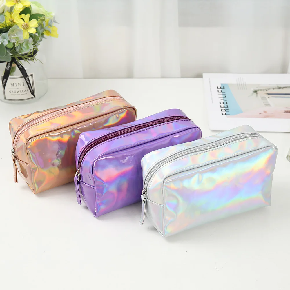 50 piece Customized Logo PU cosmetics bag waterproof holographic makeup bag silver case rose gold cosmetic pouch