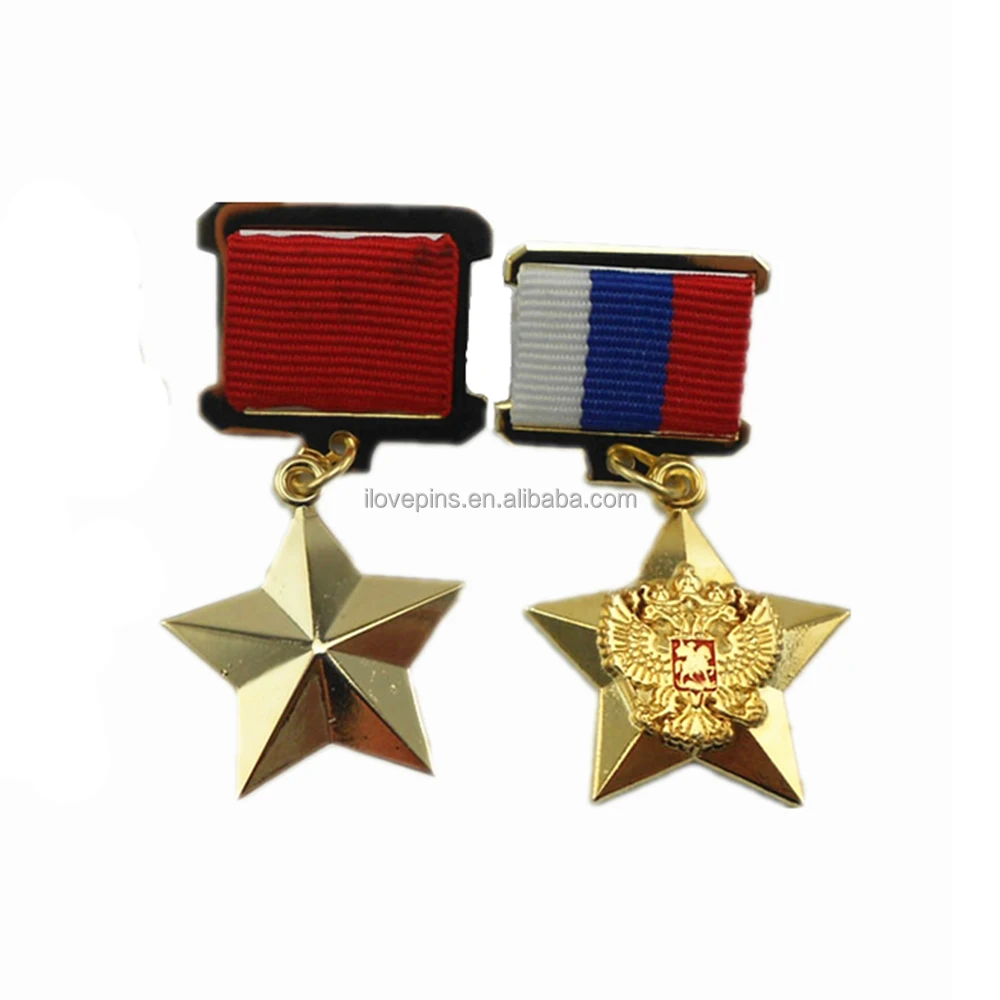 Customized Russian Star Shape 3D Badge Zinc-alloy Gold Plated Metal Brooch Pin with Ribbon