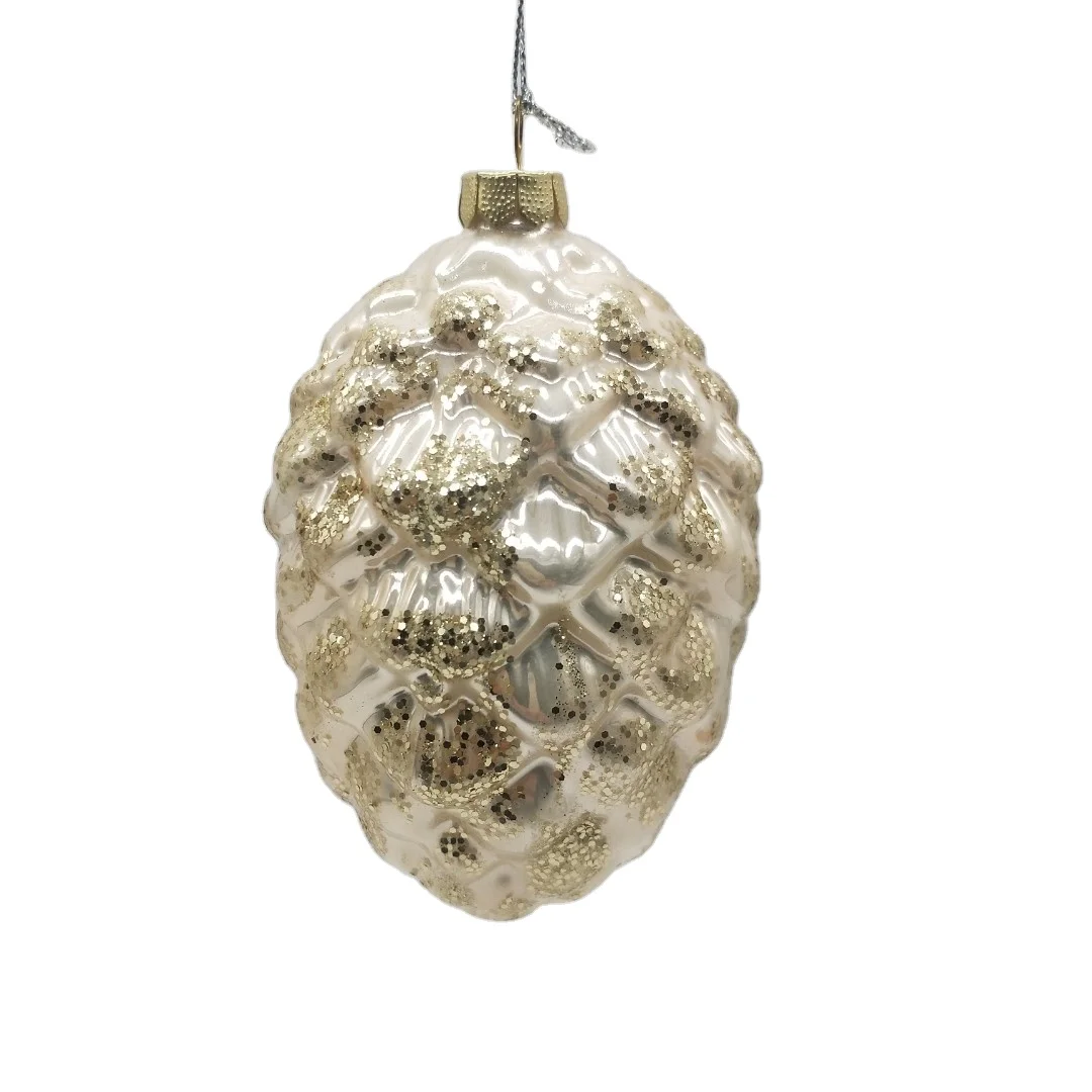 Factory Sale Decorative Glass Blown Pine Cone Shaped Gold Christmas Glass Hanging Ornament Ball For Xmas Tree