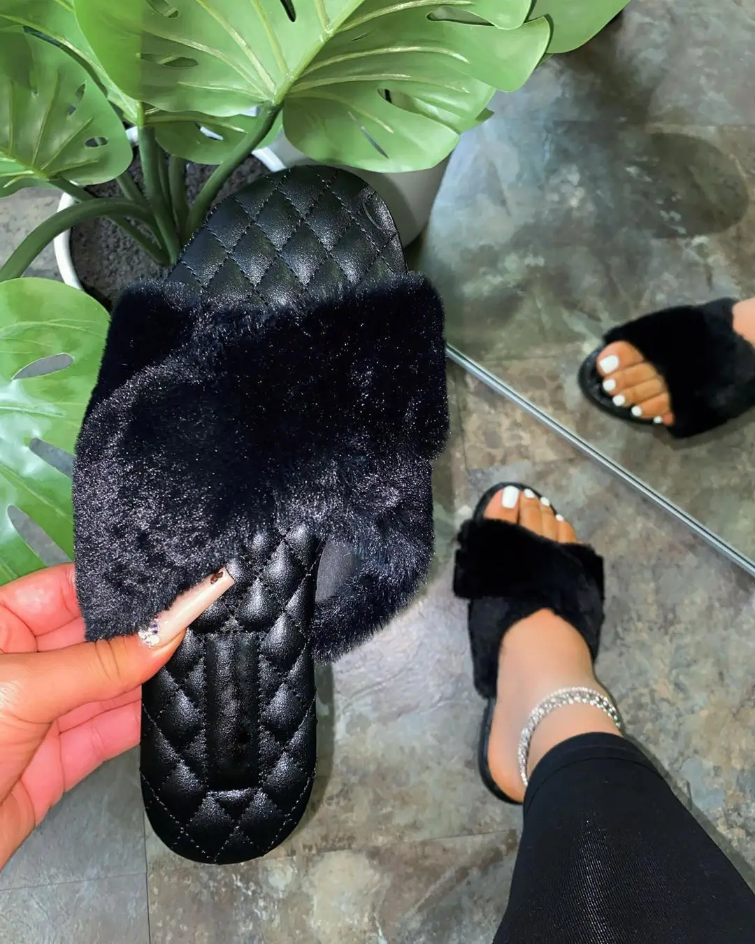 Lady Fur Slide Jelly Shoes Sexy Open Toe Handmade Fashion Roman Styles Sandalias