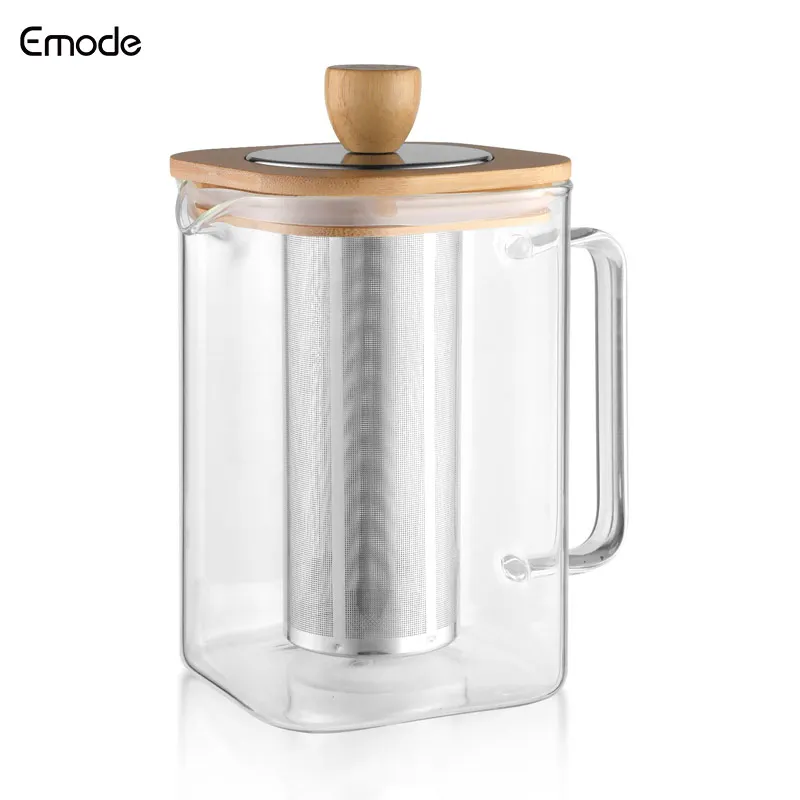2024 New Novelty Square Tea Pot Glass 1000ml.High Heat Resistant Glass Teapot With Spring Filter, Ss Infuser And Bamboo Lid