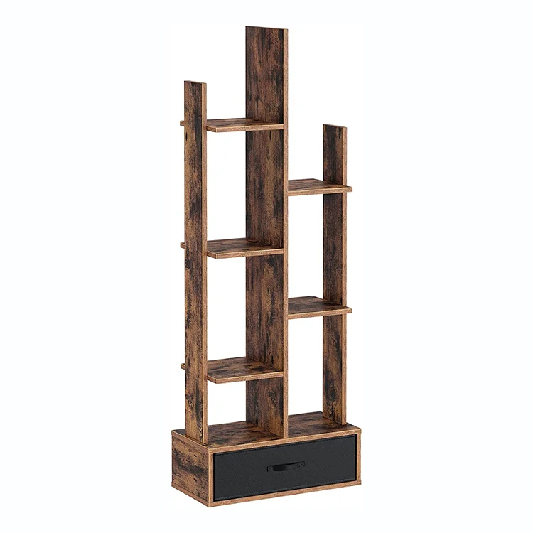 Industrial Vintage Bookshelf Floating Book Shelf With 2 Drawers Free Standing Bookcase, Library Wood Bookcase For Living Room