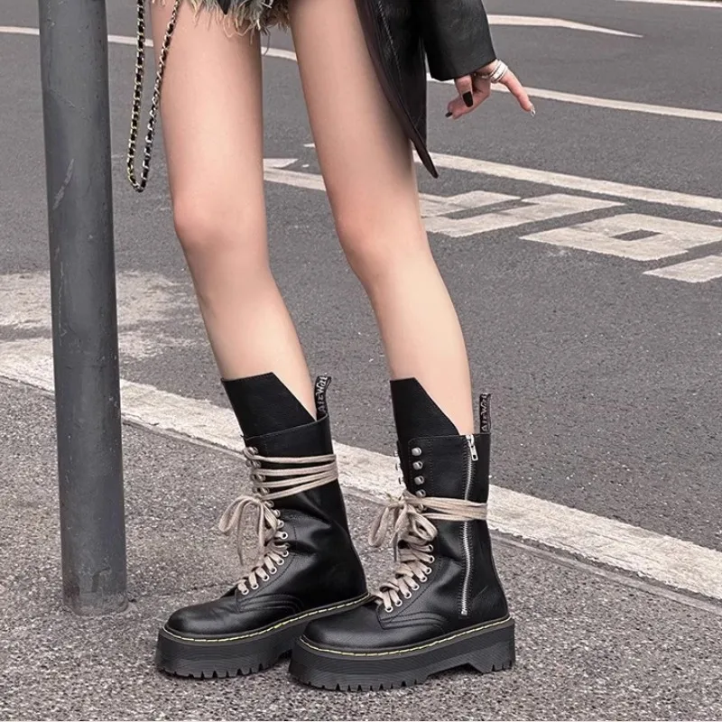Ladies Black Lace Up Big Size Platform Women Outdoor Motorcycle Leather Ankle Boots boots for women