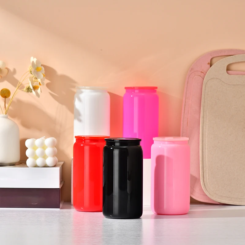 USA Warehouse 16oz Sublimation Clear Glass Mug  16 oz colorful Glass Beer Can With Bamboo Lid And Straws