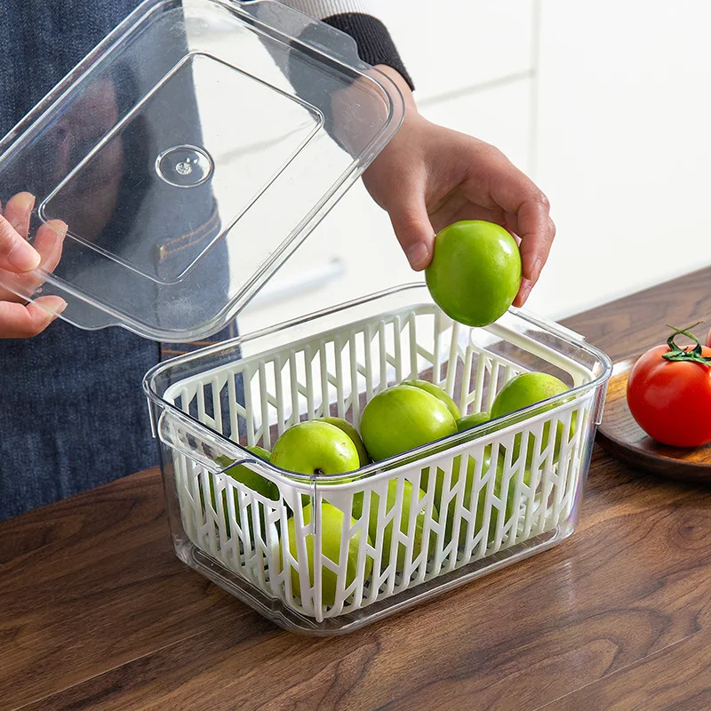 Food Grade Refrigerator Storage Box with Drainage Drawer Egg Box Freezer Plastic Transparent Fruit Fresh-keeping Box