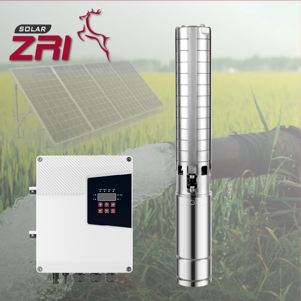 1HP4 Inch 5.2 Cubic Meters Flow 52 Meters Range Deep-well Centrifugal Stainless Steel Solar Water Pump With Hybrid Controller