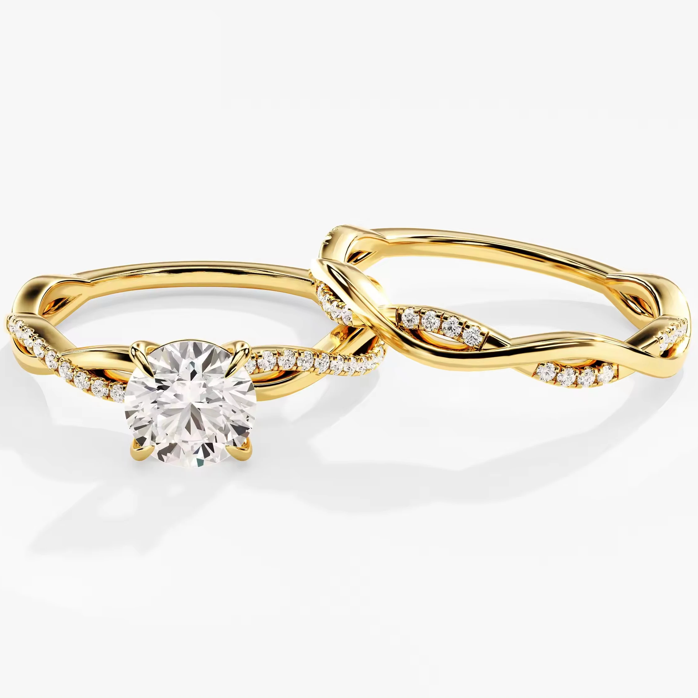 Bridal Set 14k Gold Engagement Diamond Ring Set Half Eternity Twist Wedding Band Lab Diamond Ring for Women