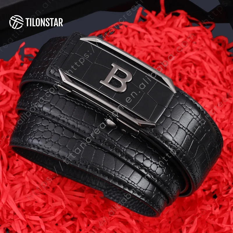 TILONSTAR TDY117 High Quality Adjustable Automatic Buckle Split PU Crocodile Pattern Leather Belt