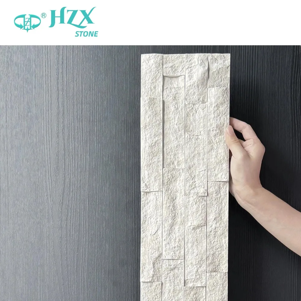 HZX Modern Design White Marble Wall Cladding Antacid Splitface and Polished Wooden Stacked Ledger Stone Panel for Villas