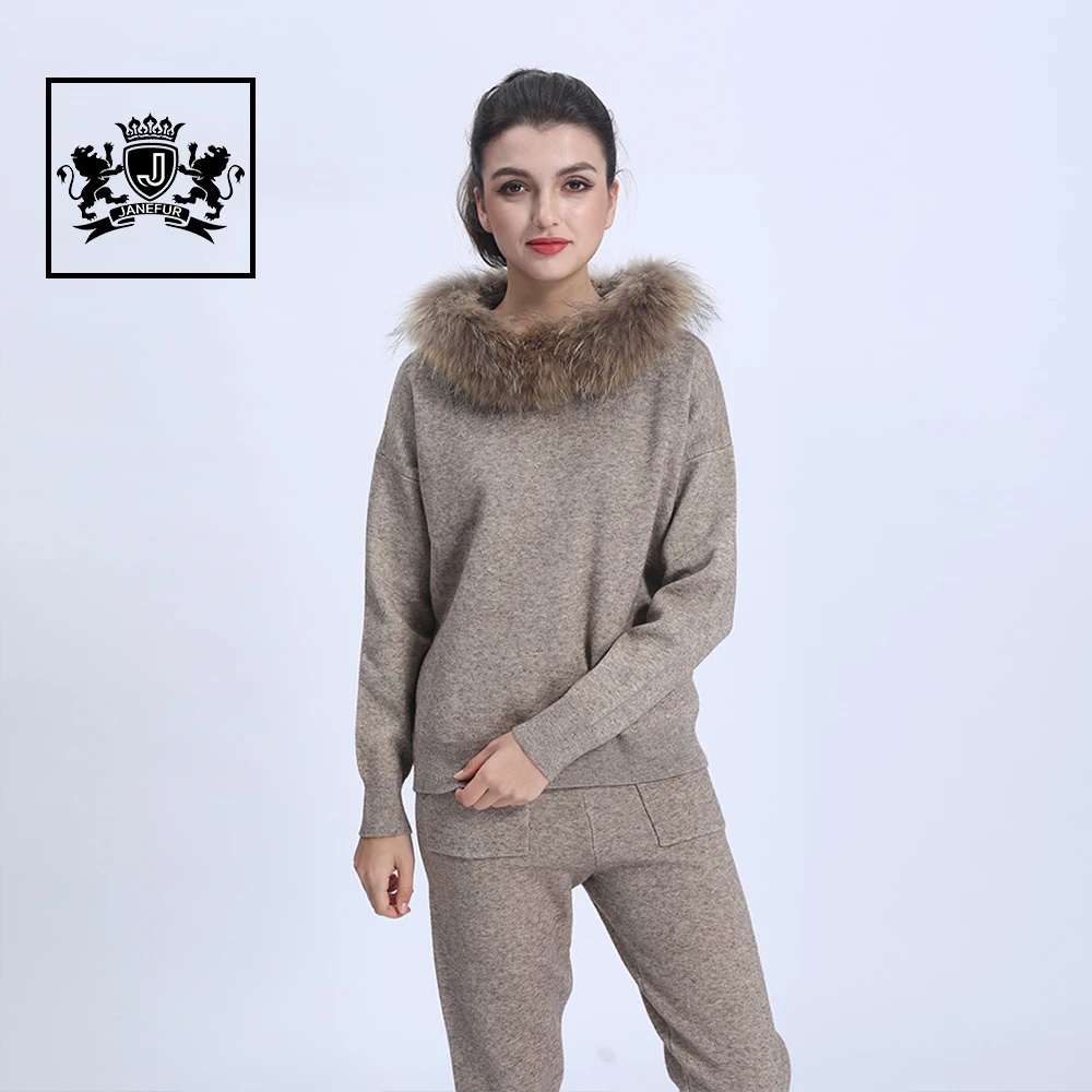 2022 Autumn Winter Knit Sweater Knitwear Set  Knitted Women Raccoon Fur Hooded Sweater Suits Set