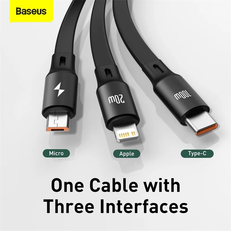 Baseus 100W 1.2m 3 in 1 Type-C to M+L+C Retractable Transfer Fast Charging Charger Data