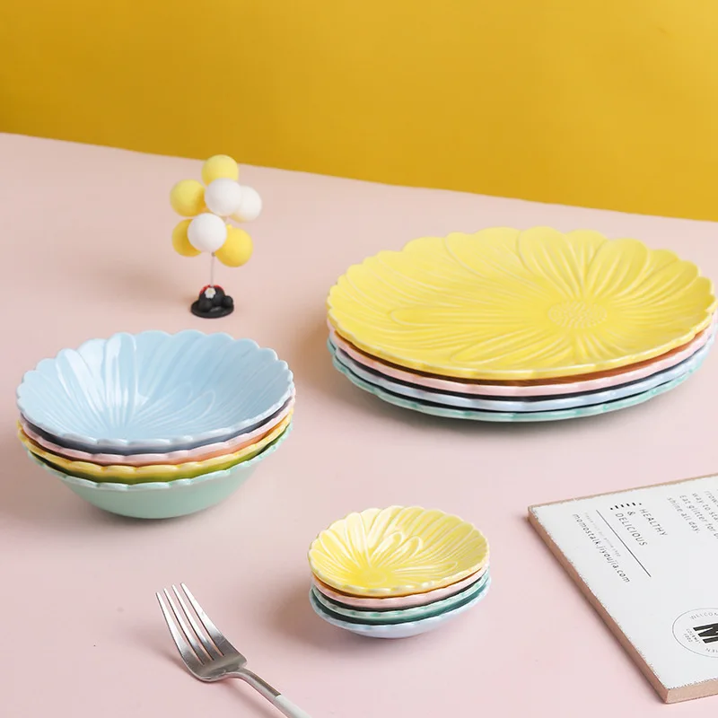 Bright Daisy Ceramic Bowl Dish Plate New Nordic Simple Western Cuisine Household Desserts Cutlery Suit