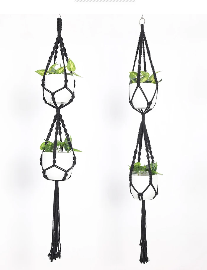 Hot Sale  Macrame  Plant Hanger  Holders  Black  Hanging  Planters  Basket with  Wood  Beads for  Boho  Home  Decor Tassels