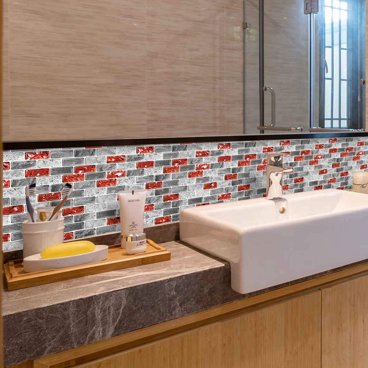 Long Strip Style Self Adhesive Mosaic Red And Grey Marble Strip  wall tiles  home decor for kitchen Bathroom Backsplash