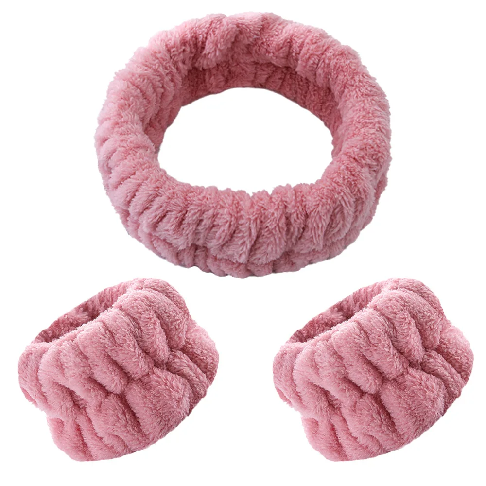 Wholesale Flannel Elastic Headband Wristband Set Face Towel Wash Skincare Spa Makeup Facial Headband For Women