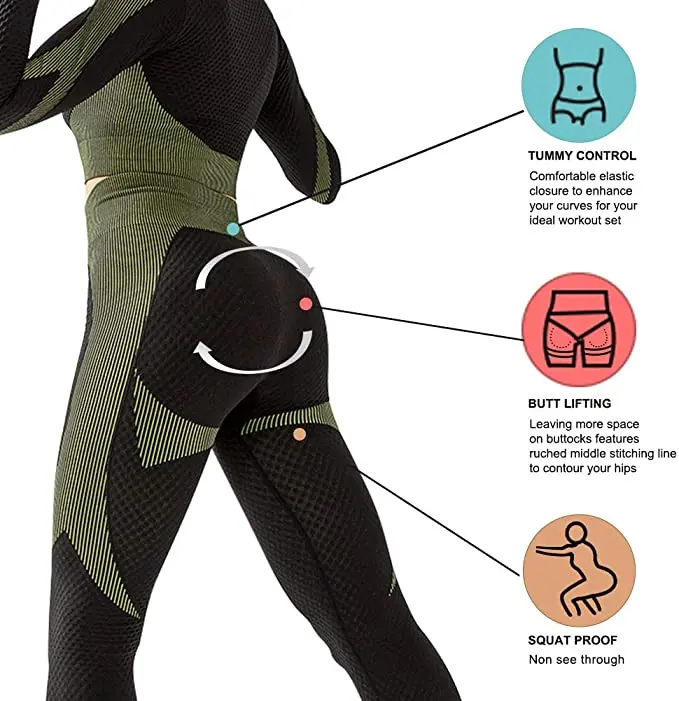 Бесшовные Текстурированные леггинсы с высокой талией и укороченный топ одежда для тренажерного зала тренировочные комплекты длинным рукавом женщин 2