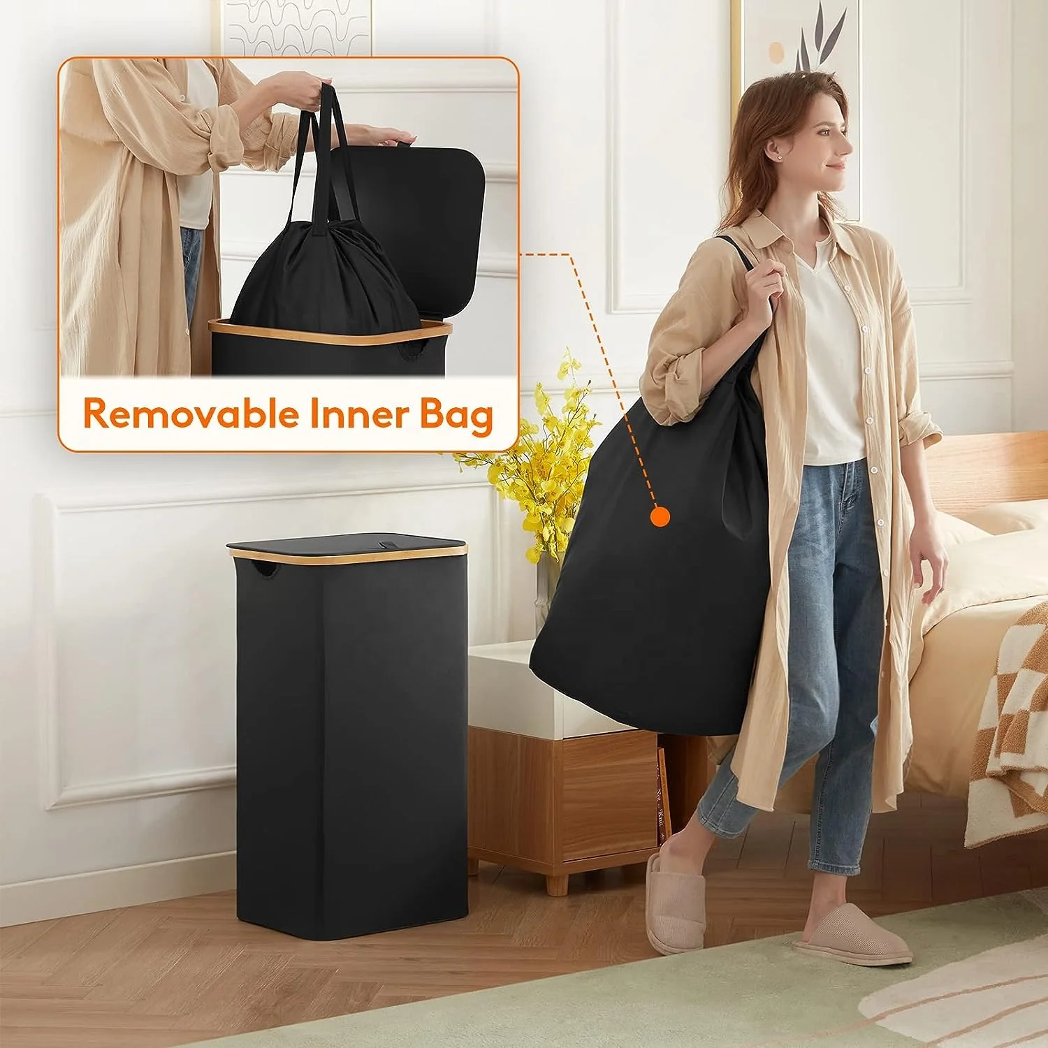 100L Laundry Basket with Lid, Clothes Hampers for Laundry with Bamboo Handles and Removable Laundry Bag