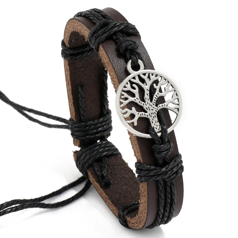 B01909 Handmade Leather Bracelet Vintage Style Braided Tree Life Charm Men Women Teen Boys Girls Adjustable Wrap Wristband Gift