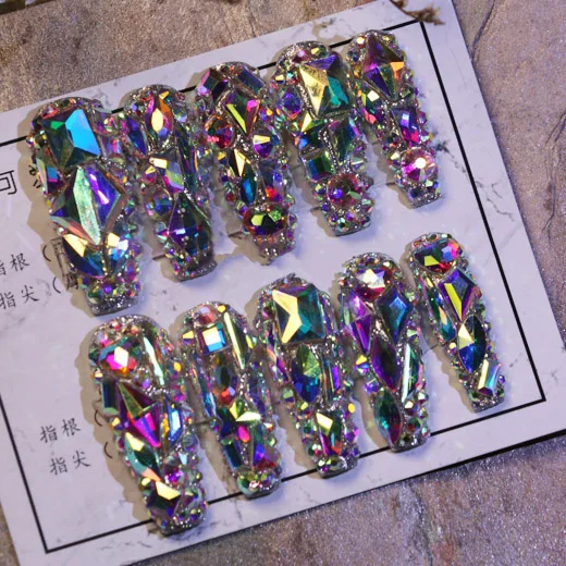 Bling Rhinestone Handmade False Custom Logo Red Acrylic Press On Nails Medium Length