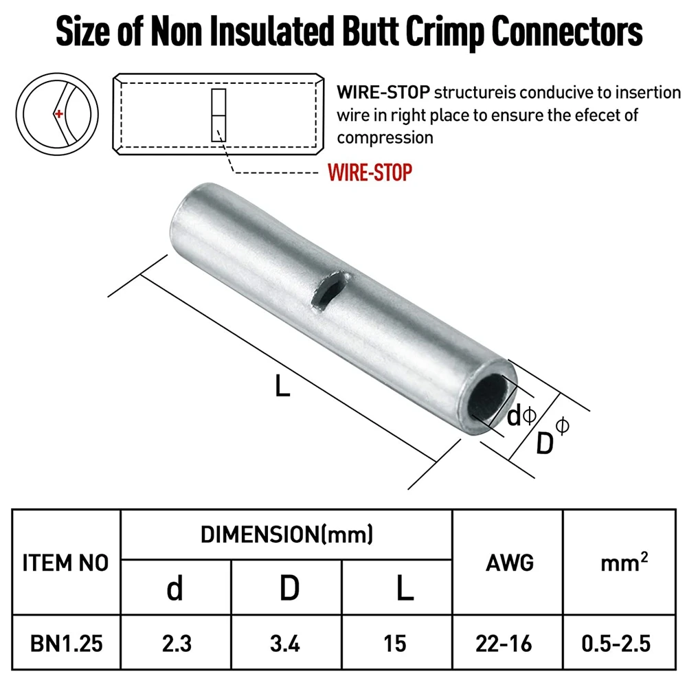 China Manufacturer Wire Ferrules Copper Crimp Connector Non Insulated Electrical Tinned Butt Splice Terminal