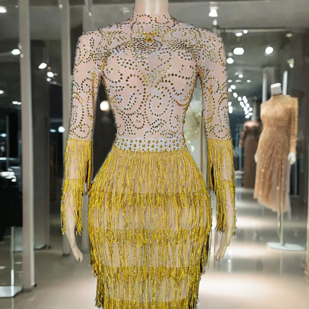 Elegant New Ball Gown Diamond Fringe Long Sexy Chiffon Sheer Dress Rhinestones Beading Feathers Parties Plus Size Maxi Length