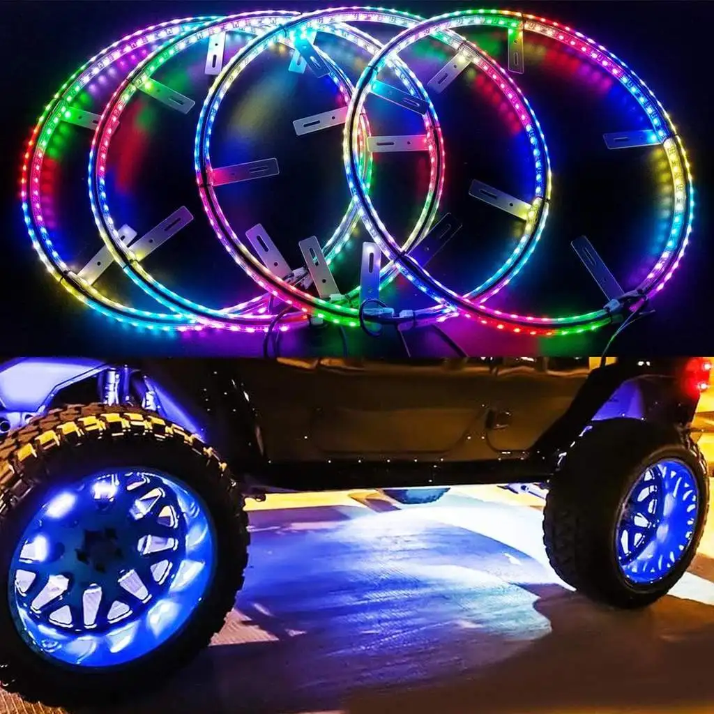 RGB SMD LED color Wheel Rim Lights APP control waterproof car alloy led chasing wheel ring lights for jeep wrangler