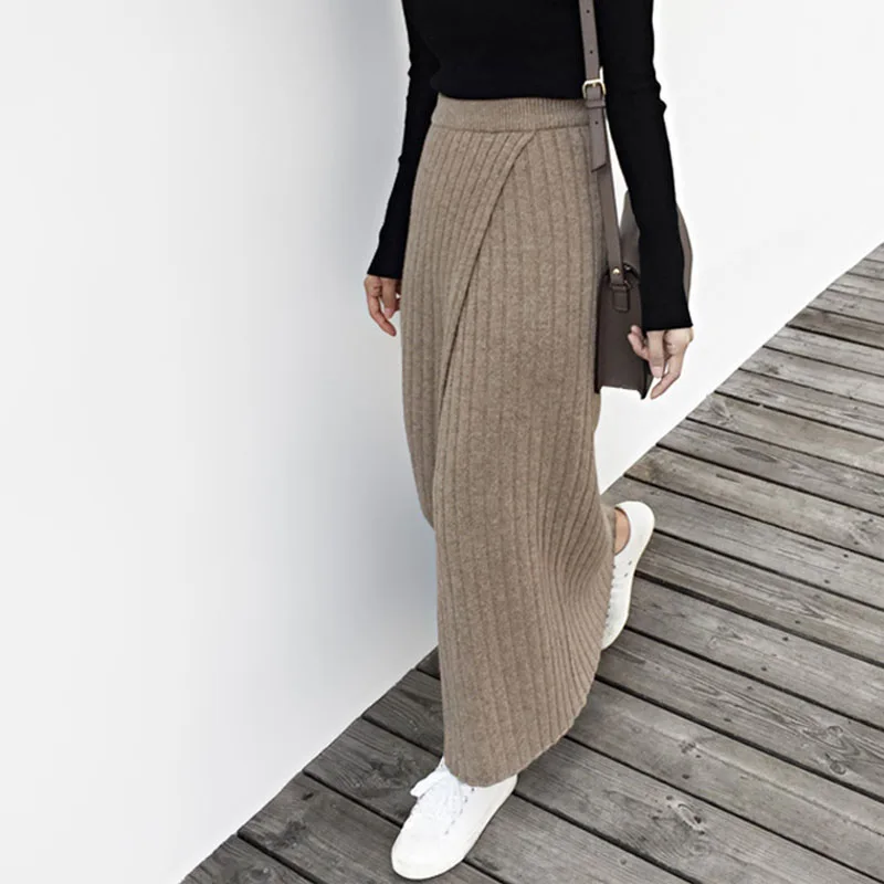 Winter Autumn Knitting Skirt High Waist Long Pencil Skirt Women Open Slit Warm Thicken Knitted Casual Vintage Maxi Skirt