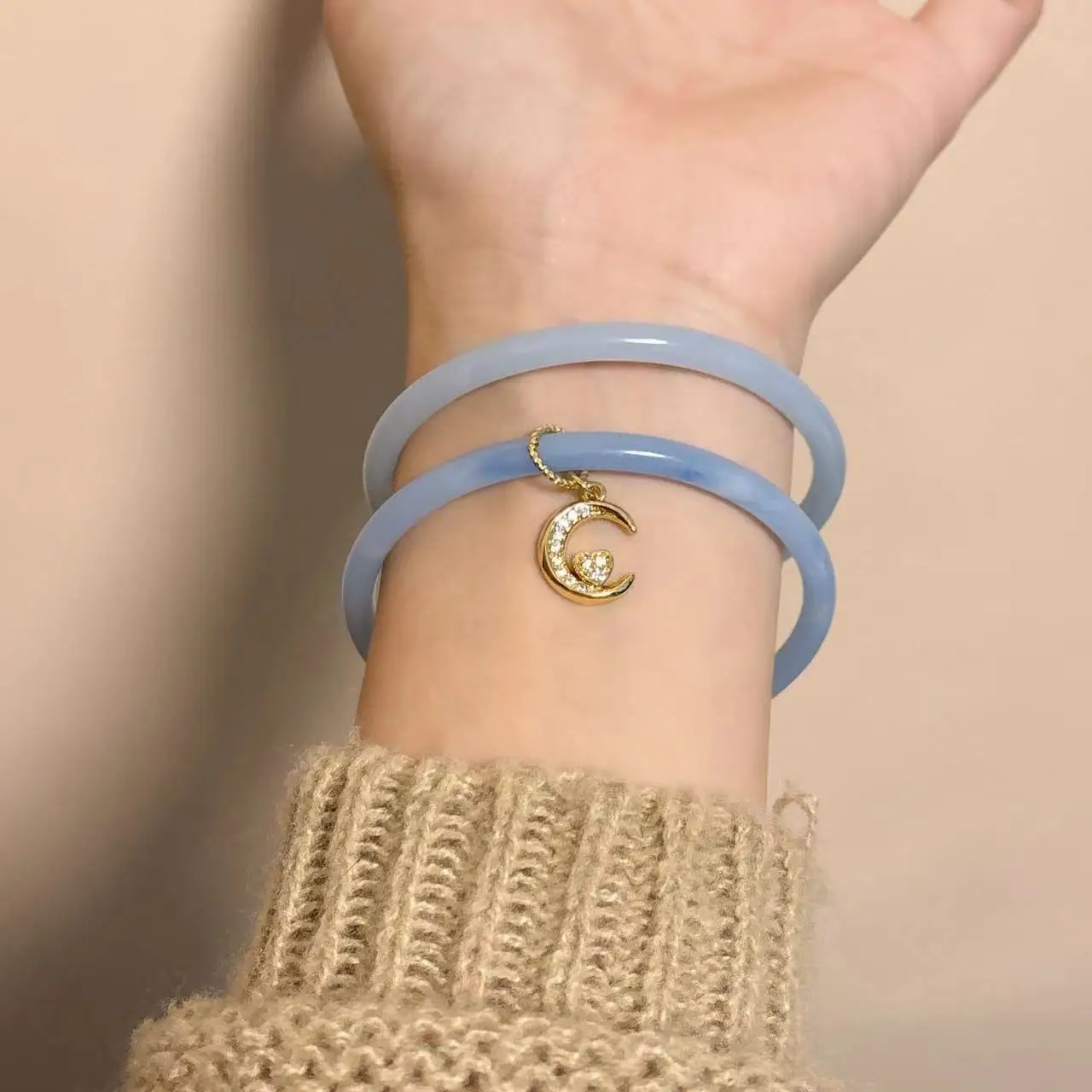 Chinese Style Gradient Pink Color Imitation Jade Bangle Diamond-Encrusted Zircon Moon Cuff Bracelet Glaze bracelet for Women