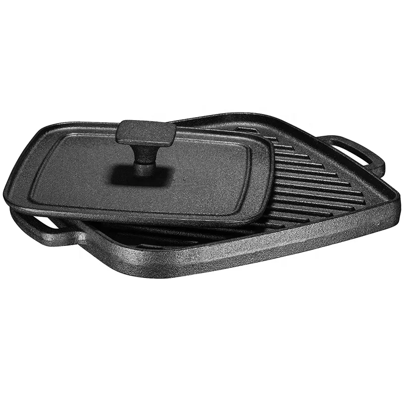 Professional manufacturer cast iron cookware set non stick BBQ grill pan with meat press