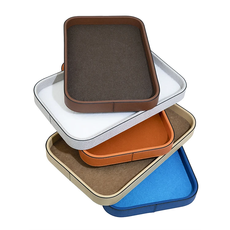 Wood Serving  Tray Home Decorative Wooden Rectangle Ottoman Leather Decor Platter Bathroom Vanity Tray With SABER Certificate