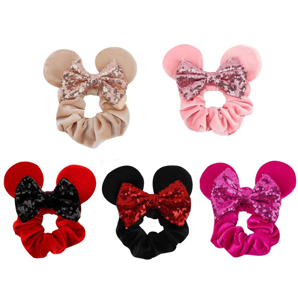 Pretty cat ear sequin bow velvet hair scrunchies Girls Ponytail holder hair band  For Girl Headwear
