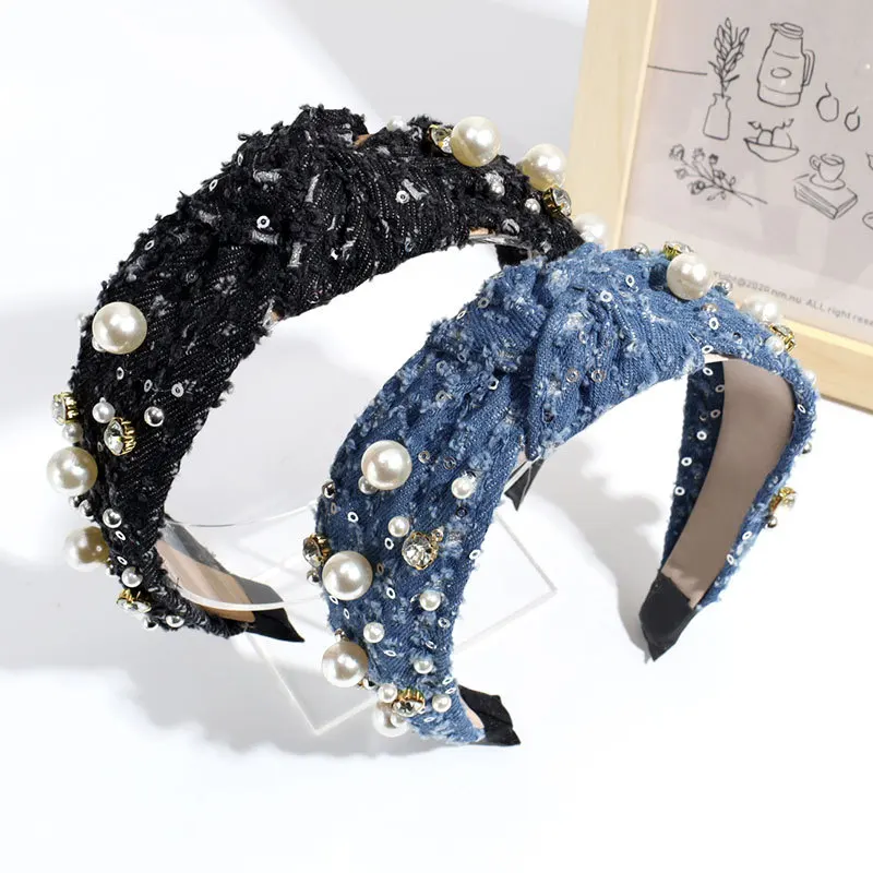 New Arrival Fashion Bow Knot Denim Hiar Band for Women Bling Crystal and Pearls Decorated Denim Headband in Hairbands