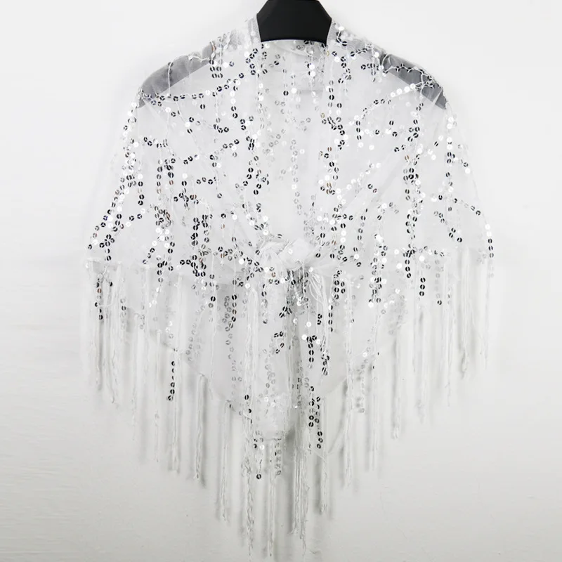 Classical Shiny Sequin Fringe Shawl Triangular Hip scarf for Evening banquet Party Dance performance dress wear accessory
