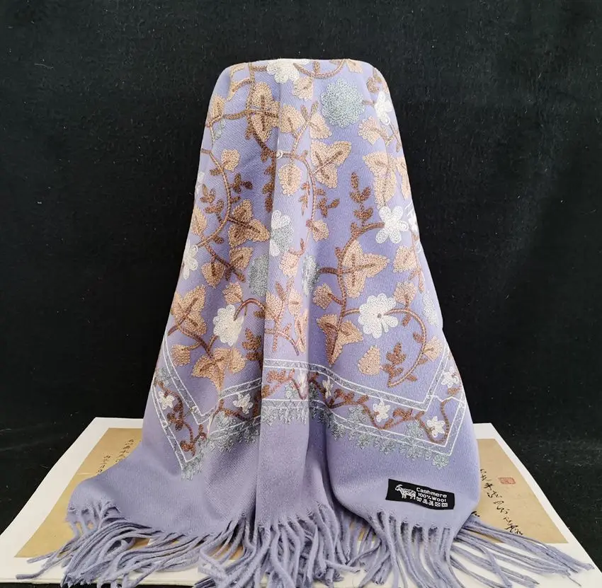 Luxury Ethnic Embroidered Pashmina Shawl Multicolored Hijab with Long Floral Design Fashionable Warm Cashmere Scarf Muslim Women