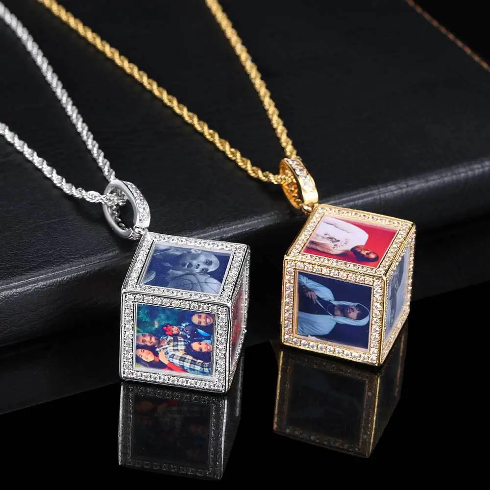Customizable Brass Cube Pendant Photo Necklace Trendy Hip Hop Ice out Necklaces with Family Personalized Portrait for Weddings