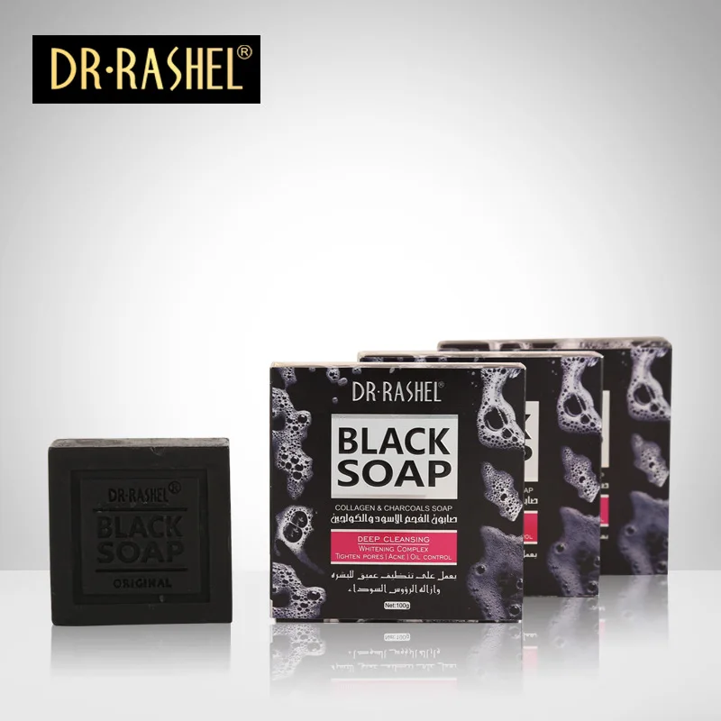 DR.RASHEL 100% natural face cleaning soap skin whitening hand body collagen & charcoals black soap