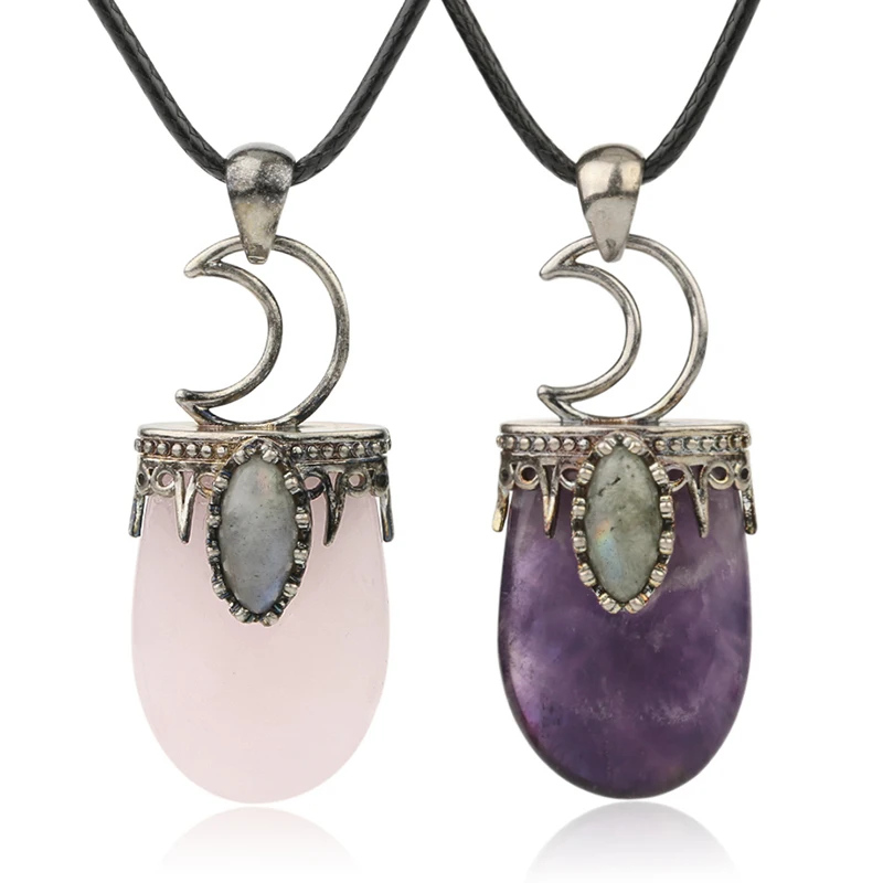 CSJA Wholesale Natural Gem Stone Vintage Necklace Crystals Pendants Moon Amethyst Charm for Women Men G274