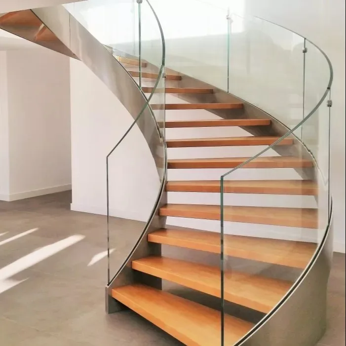 OEM indoor solid wood curved staircase wood step glass rails curved staircase curved staircase with glass balustrade