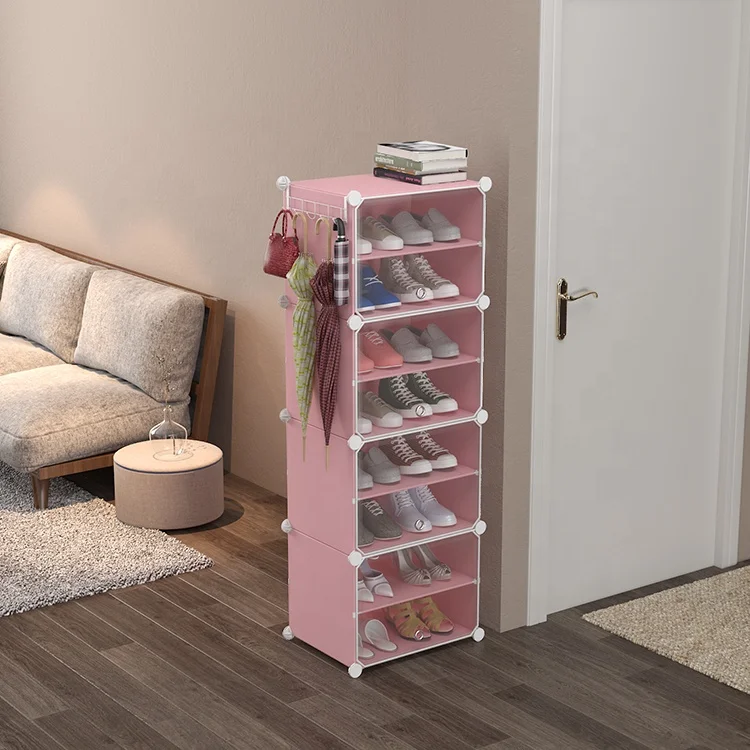 Front-opening transparent door 8 layer stackable cube storage plastic shoe rack for living room
