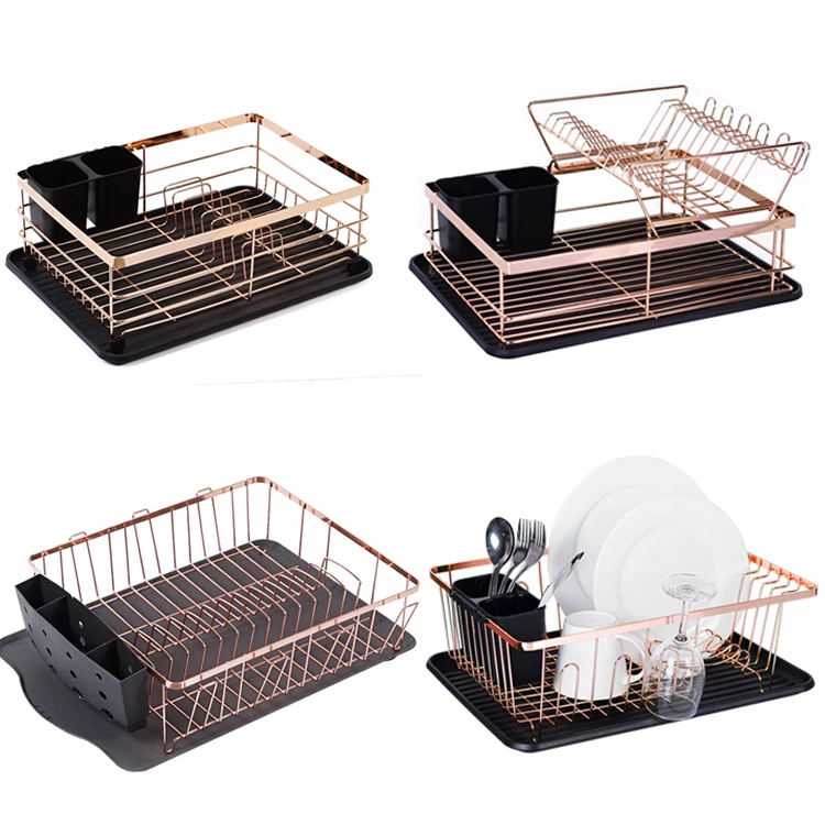 Black Retangular Kitchen Plate Drainer Dish Drying Wire Rack with Removable Plastic Cutlery Holder & Tray