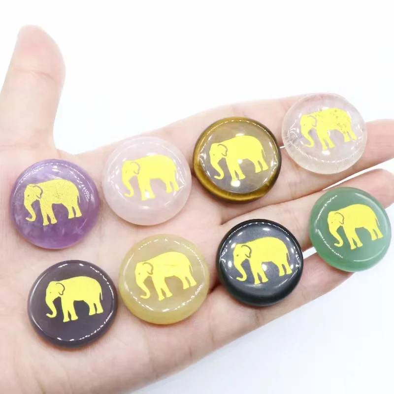 Wholesale Natural Crystal Amethyst Round Flake Carved Elephant Rose Quartz tiger Eye Engraving Wafer